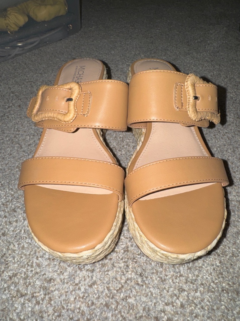 Michael by Michael Shannon Tan Leather Espadrille Slide Sandals with Buckle